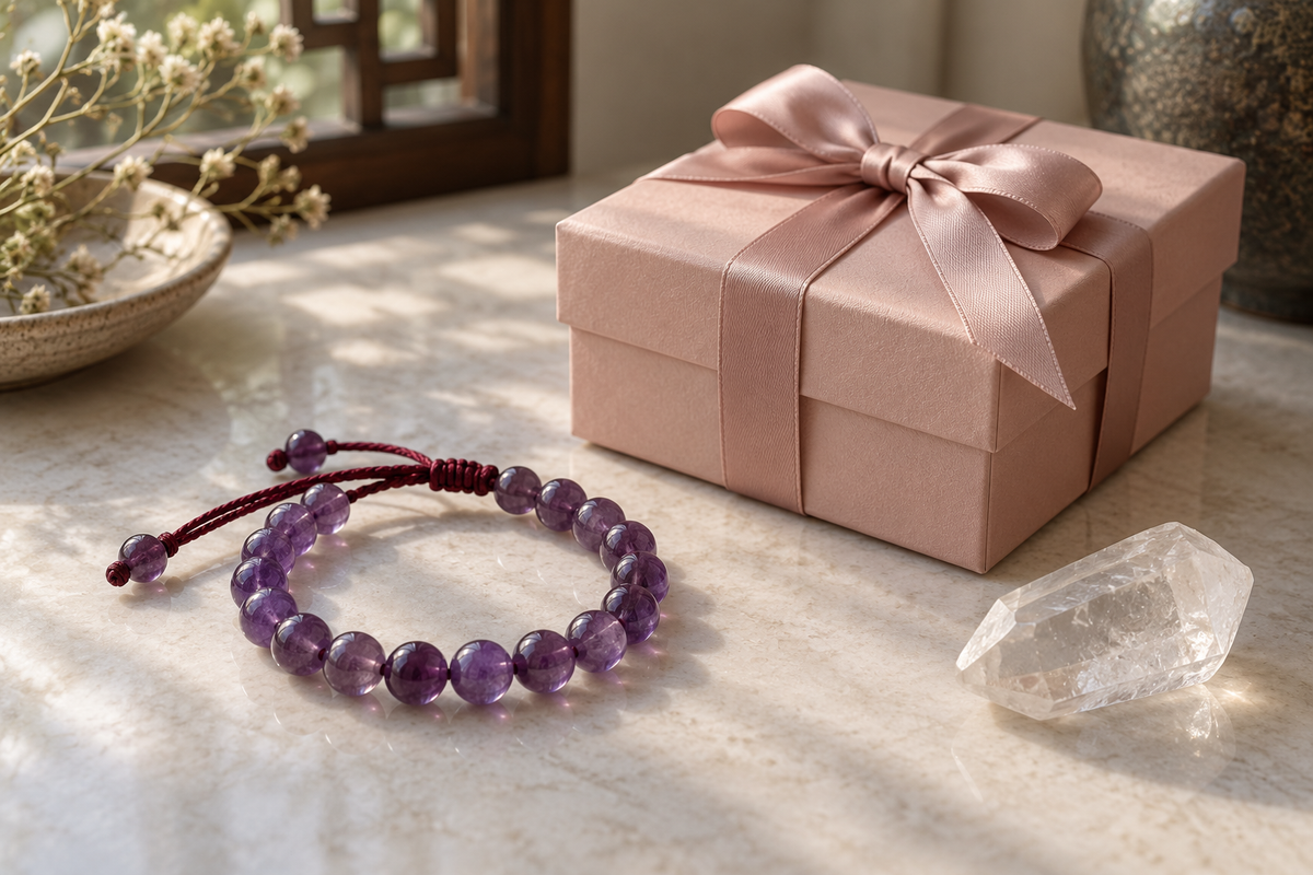 An amethyst thread bracelet beside a blush gift box.