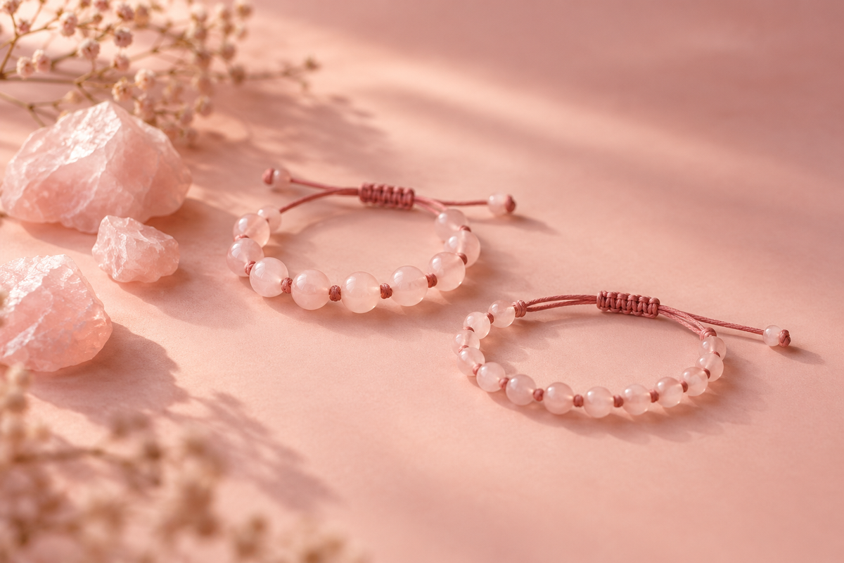 Rose quartz bracelets with raw rose quartz stones.