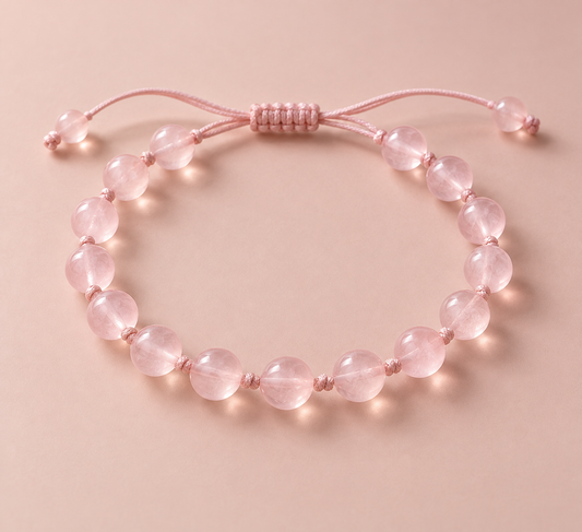 Pale pink crystal beads on a hand-knotted blush silk cord.
